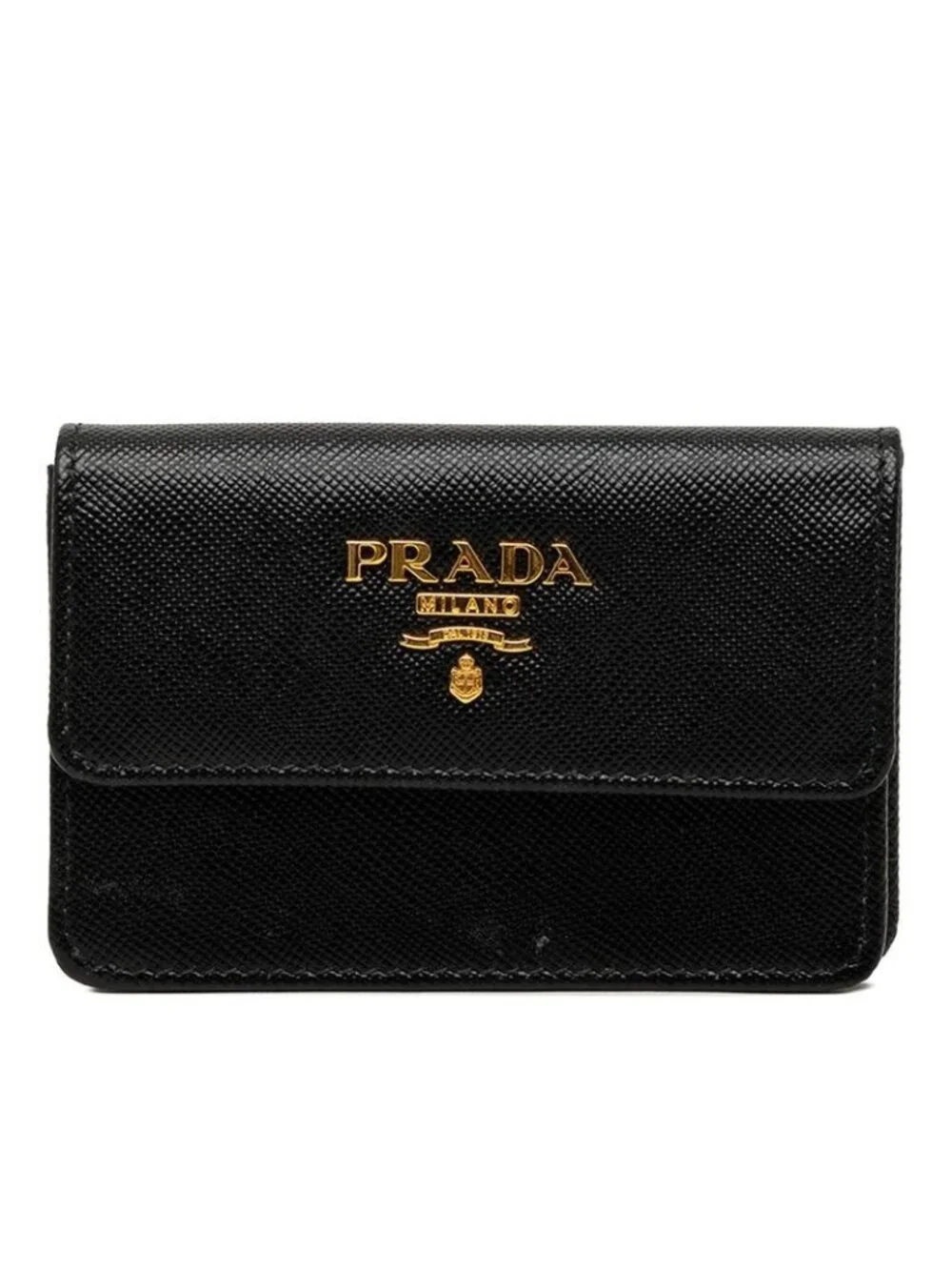 Prada Logo Card Case Business Holder Black Saffiano Leather